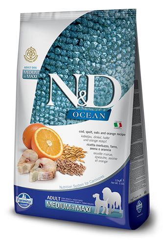 Farmina Ocean N&D Natural & Delicious Medium & Maxi Adult Cod, Spelt, Oats & Orange Dry Dog Food