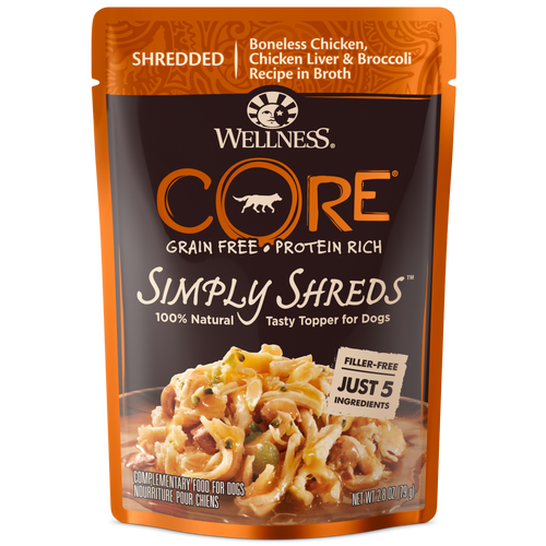 Wellness CORE Simply Shreds for Dogs Shredded Boneless Chicken, Chicken Liver & Broccoli Recipe in Broth